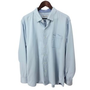 Tommy Bahama XL Silk Blend Blue Button Up Shirt Mens Stretch Pocket